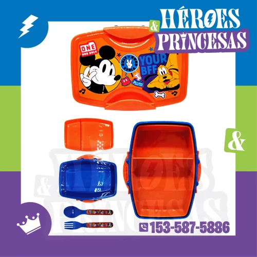 Tupper con bandeja desmontable de Mickey y Pluto con cubiertos, Héroes y Princesas Argentina