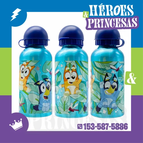 Botella infantil de aluminio con diseño de Bluey. Liviana y práctica, ideal para jardín, escuela o salidas.