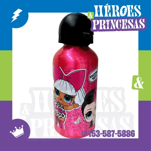 Botella infantil de aluminio con diseño de LOL Surprise. Liviana, segura y perfecta para jardín o escuela.