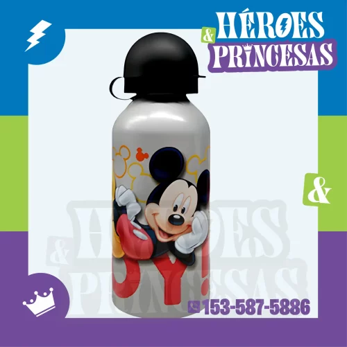 Botella infantil de aluminio con diseño de Mickey Mouse, práctica y segura, disponible en Héroes y Princesas Lanús
