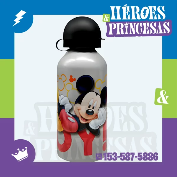 Botella infantil de aluminio con diseño de Mickey Mouse, práctica y segura, disponible en Héroes y Princesas Lanús
