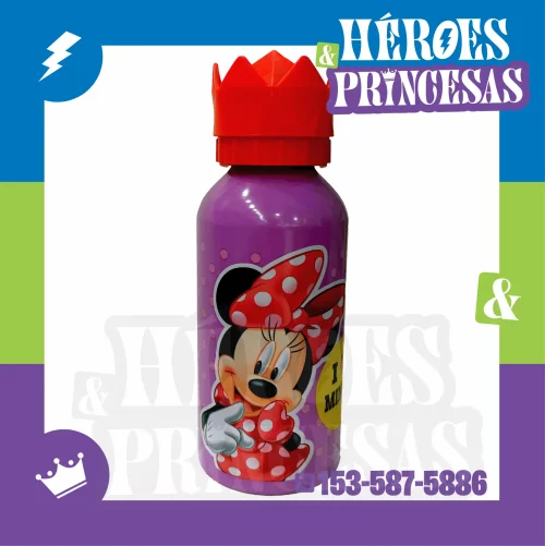 Botella infantil de aluminio con diseño de Minnie, tapa rosca segura, disponible en Héroes y Princesas Lanús