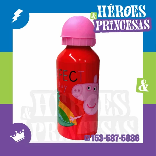 Botella infantil de aluminio con diseño de Peppa Pig. Liviana y práctica, ideal para jardín, escuela o paseos.