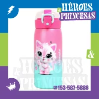 Botella térmica Chimola infantil con gatito, tapa con sorbete y manija vertical.