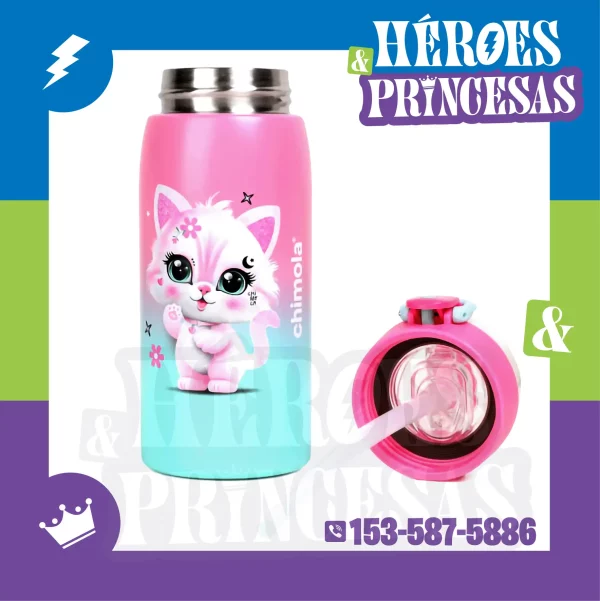 Botella térmica Chimola infantil con gatito, tapa con sorbete y manija vertical.