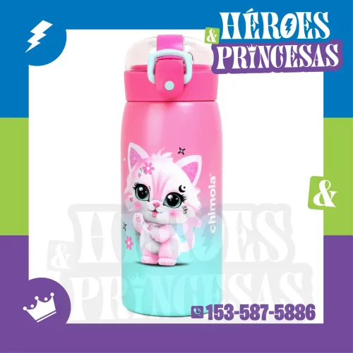 Botella térmica Chimola infantil con gatito, tapa con sorbete y manija vertical.