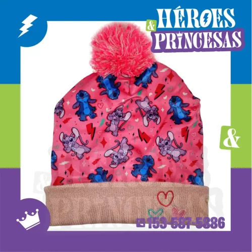gorro_infantil_stitch_y_angel_con_pompom_diseño_rosa_con_corazones_y_estrellas_lanus_buenos_aires_argentina