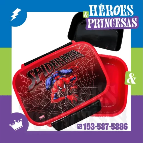 Lunchbox infantil de Spider-Man con diseño en rojo, telaraña y compartimento interior negro, ideal para jardín y primaria