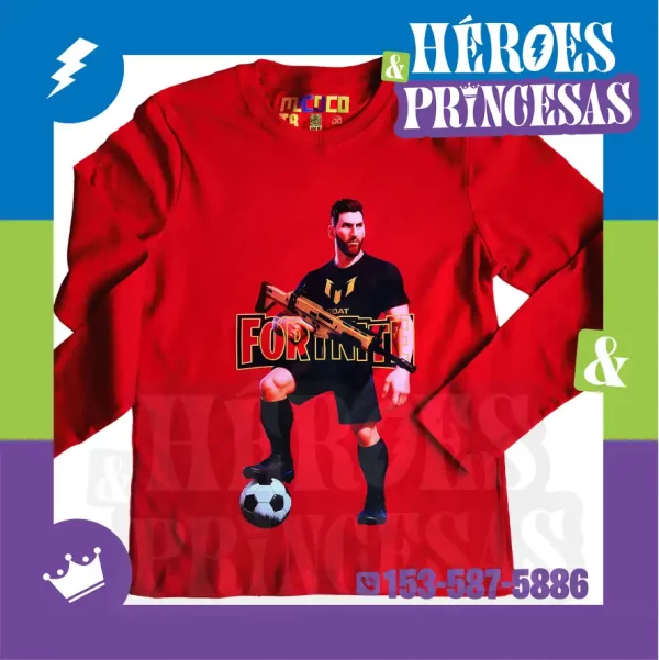 Remera manga larga para chicos con diseño Messi Fortnite GOAT – Héroes y Princesas