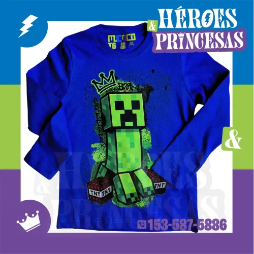 Remera infantil manga larga con diseño Creeper inspirada en Minecraft, marca micoco de Héroes y Princesas