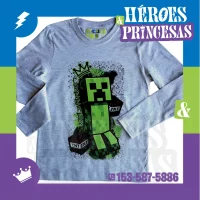 Remera infantil manga larga con diseño Creeper inspirada en Minecraft, marca micoco de Héroes y Princesas
