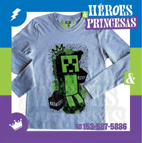 Remera infantil manga larga con diseño Creeper inspirada en Minecraft, marca micoco de Héroes y Princesas