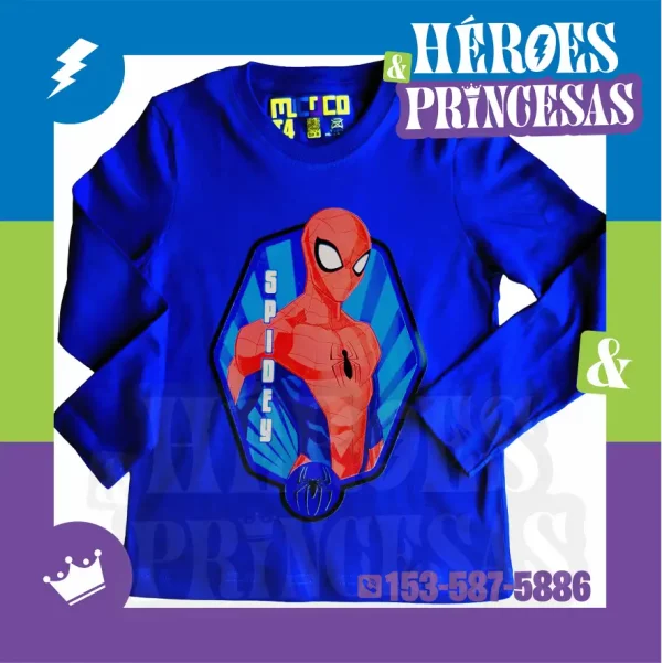 Remera infantil azul de mangas largas con diseño de Spidey, marca micoco de Héroes y Princesas Argentina
