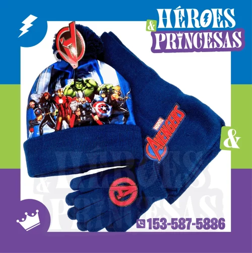 Set de invierno Avengers Marvel - Gorro, bufanda y guantes infantiles con diseño de superhéroes - Héroes y Princesas Lanús