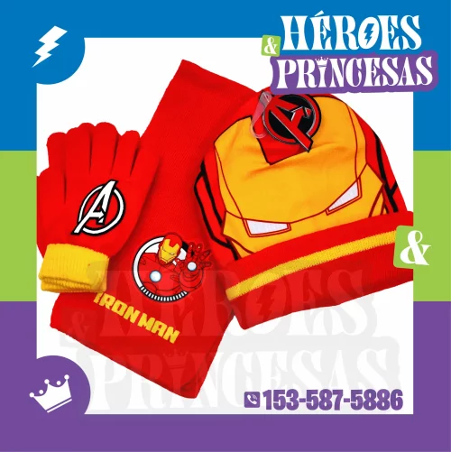Set de invierno Iron Man con gorro, bufanda y guantes, diseño Avengers, ideal para niños, disponible en Lanús, zona sur, Buenos Aires, tienda Héroes y Princesas.