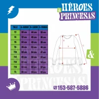 Tabla de talles para remeras de mangas largas micoco. Incluye medidas de ancho y largo por talle.