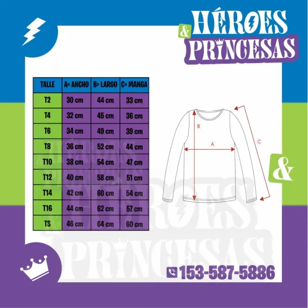 Tabla de talles para remeras de mangas largas micoco. Incluye medidas de ancho y largo por talle.
