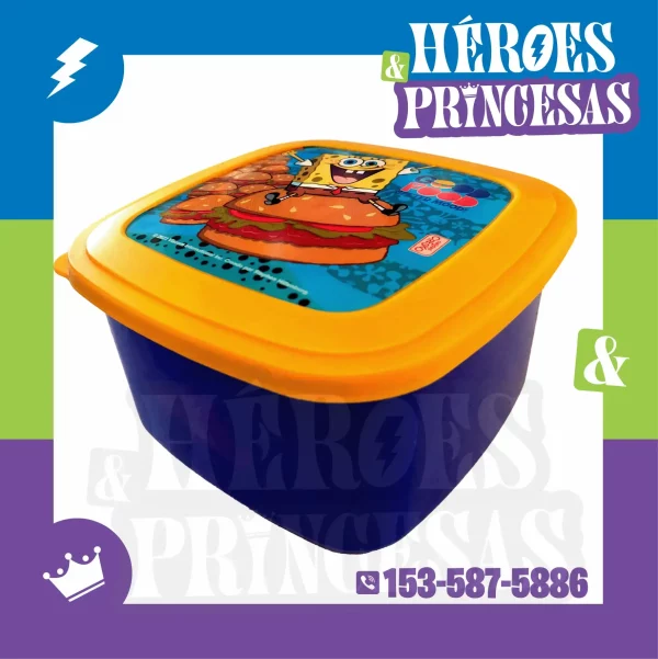 Tupper infantil con diseño de Bob Esponja y frase Good Food Better Mood. Ideal para llevar almuerzo o merienda.