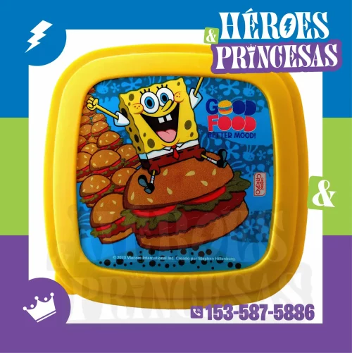 Tupper infantil con diseño de Bob Esponja y frase Good Food Better Mood. Ideal para llevar almuerzo o merienda.