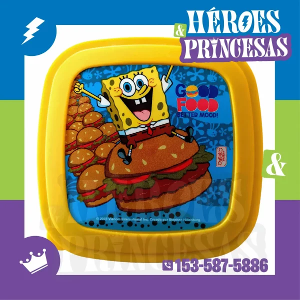 Tupper infantil con diseño de Bob Esponja y frase Good Food Better Mood. Ideal para llevar almuerzo o merienda.