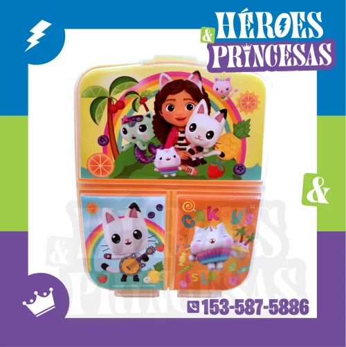Tupper Gabby Dollhouse diseño tropical con frutas y gatos, estilo infantil.
