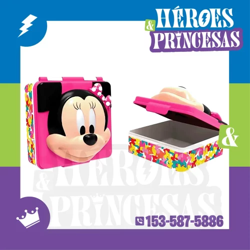 Tupper infantil 3D con diseño de Minnie Mouse. Colores vibrantes y tapa segura, ideal para jardín o escuela.