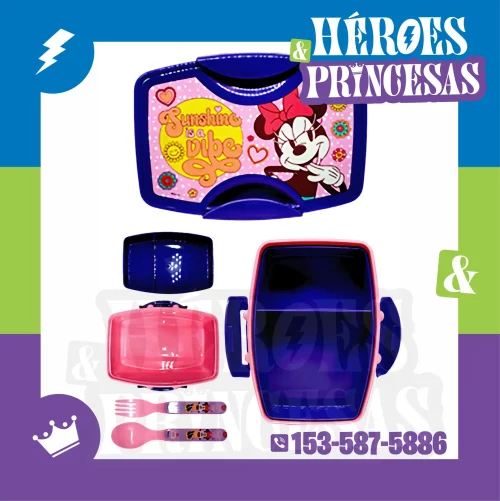 Set infantil de tupper Minnie Mouse con cubiertos incluidos. Ideal para jardín o escuela.