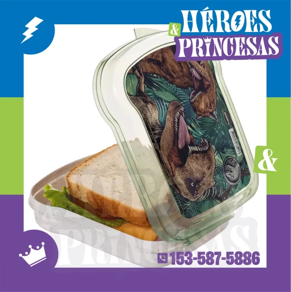 Lunchera infantil con diseño de dinosaurios abierta, con sándwich adentro – Héroes y Princesas Lanús Argentina