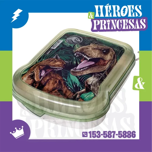 Lunchera infantil verde con tapa ilustrada de dinosaurios Jurassic – Héroes y Princesas Lanús Argentina