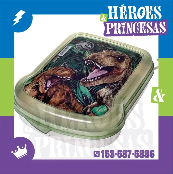 Lunchera infantil verde con tapa ilustrada de dinosaurios Jurassic – Héroes y Princesas Lanús Argentina