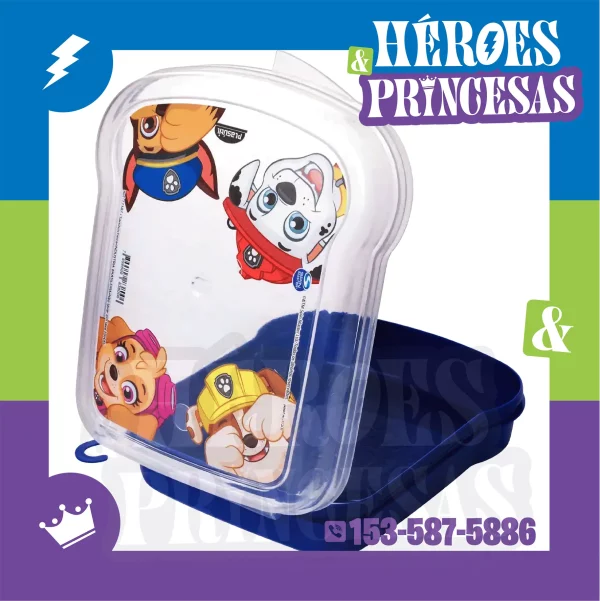 Lunchera Paw Patrol abierta con tapa ilustrada y base azul – Héroes y Princesas Lanús Argentina