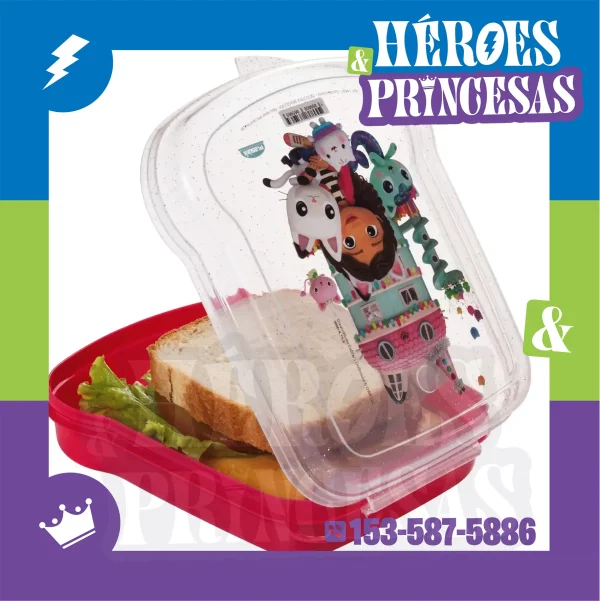 Lunchera rosa infantil con diseño Casa de Muñecas, abierta con sándwich adentro – Héroes y Princesas Lanús Argentina