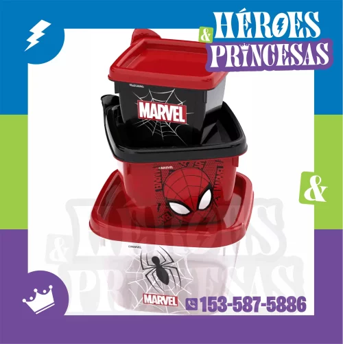set_tuppers_spiderman_cerrados_apilables_marvel_heroes_y_princesas_lanus_argentina – set x3 PP BPA FREE, microondas/freezer, Lanús
