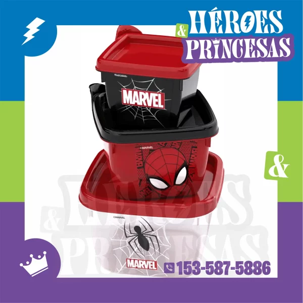 set_tuppers_spiderman_cerrados_apilables_marvel_heroes_y_princesas_lanus_argentina – set x3 PP BPA FREE, microondas/freezer, Lanús