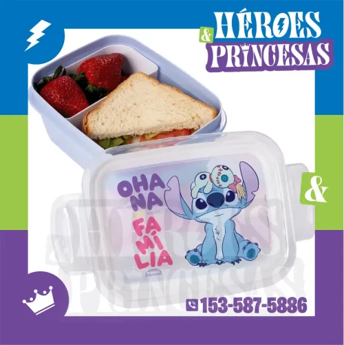Tupper infantil con divisiones y diseño Ohana Stitch para vianda escolar – Héroes y Princesas Lanús Argentina