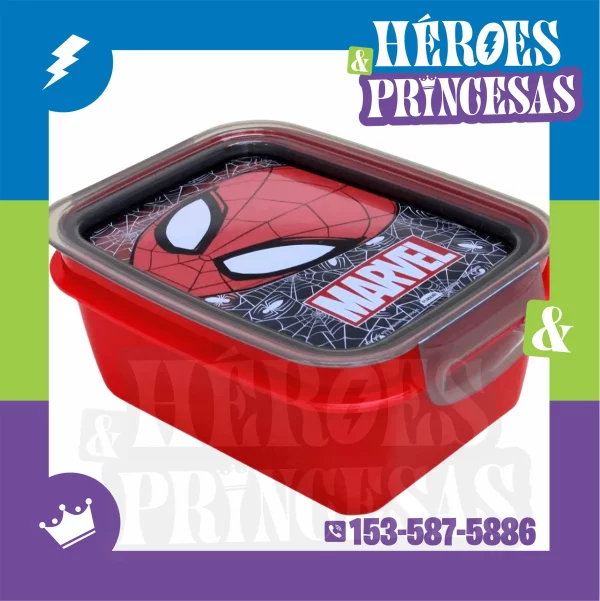 Tupper infantil individual con diseño de Spiderman y logo Marvel en tapa hermética – Héroes y Princesas Lanús Argentina